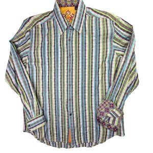 Robert Graham Shirt Mens Large Gray Multicolor Stripe Flip Cuff Long Sleeve Trim
